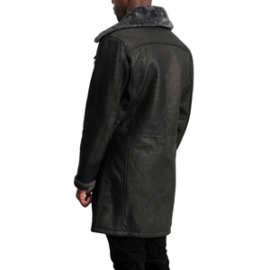 <b>Men's</b> <b>Black</b> Genuine Leather Shearling Lapel Double Breasted Knee Length Overcoat - Product Image 4