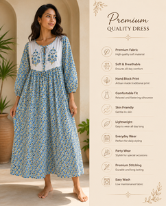 Robe de soirée pour femme, 100% coton, imprimée à la main de motifs floraux de Jaipur, longueur ras du sol, style bohème vintage, coupe évasée, écologique - Product Image 4
