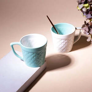 Professional Porcelain Fish Scale Textured Tea Cup Set of 2 Classic Vintage Design with Cute Handle for Tea <b>Mugs</b> - Product Image 2