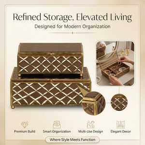 Luxury <b>Brown</b> Glass Decorative <b>Storage</b> <b>Box</b> Set with Gold Geometric Metal Frame | Premium Jewelry Vanity Organizer Cases for Decor - Product Image 2