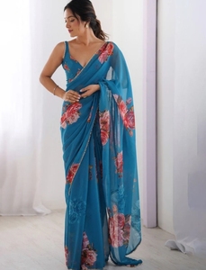 Sari de Rayón Georgette Estampado KV - Sin Arrugas, Reversible, de Secado Rápido, para Fiestas, Bodas, Diwali, Estilo Bollywood - Product Image 2