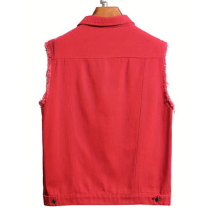 Gilet en jean rouge pour homme, col rabattu, sans manches, décontracté, déchiré, effiloché, en coton délavé, coupe droite, simple boutonnage, printemps - Product Image 2
