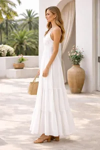 Vestido largo blanco con tirantes finos para mujer, cuello en V, sin mangas, informal, elegante, para verano, playa y vacaciones - Product Image 3