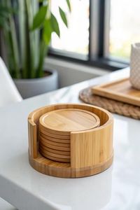 Premium Wooden Coaster Set with Natural Wood Grain, Durable Reusable <b>Drink</b> Mat for Home Kitchen, Dining Table, Office, Cafe - Product Image 5