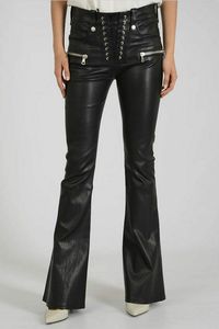 Pantalon formel noir en cuir véritable taille haute à lacets coupe droite longueur entière avec fermeture boutonnée pour femme - Product Image 4