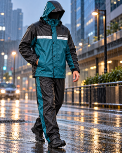 Traje impermeable negro para hombre, chaqueta de lluvia de PVC con capucha, ropa de lluvia con franja reflectante, pantalones de lluvia con capucha para hombre - Product Image 5