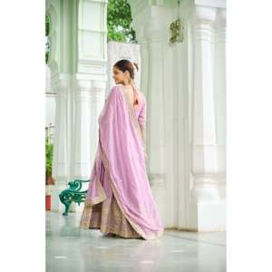 Faux Georgette Dusty Embroidered Evening <b>Gown</b> with Dupatta - Product Image 2