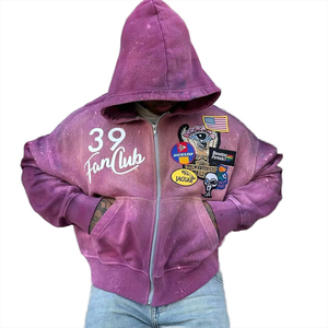 Sweat-shirt à capuche surdimensionné violet avec design patchwork, veste en polaire décontractée unisexe, style automne - Product Image 1