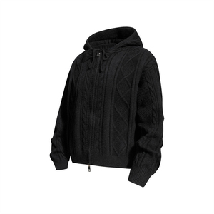 Men's Knitted <b>Hoodie</b> Solid <b>Black</b> <b>Zipper</b> Front Anti-Pilling Winter Wear Regular Fit Long Sleeve 100% Cotton Waterproof Windproof - Product Image 3