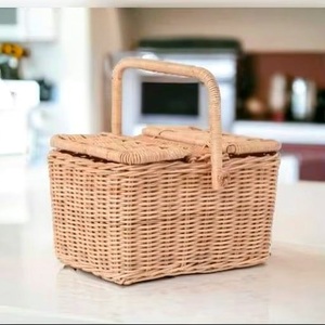 Vintage Wicker <b>Bamboo</b> Wooden Picnic <b>Basket</b> With Handle Rectangle Shape Double Lid Handcrafted Storage <b>Basket</b> For Outdoor Use - Product Image 4