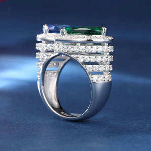 Anillos de diamantes de corte pera en oro blanco para mujer con piedras centrales verdes y azules, diamantes de color fantasía, estilo de lujo, certificado GIA. - Product Image 2