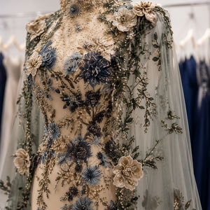 Robe de soirée sirène de luxe brodée florale avec cape transparente, col montant, soutien-gorge intégré et traîne Watteau - Robe de mariée de créateur - Product Image 2