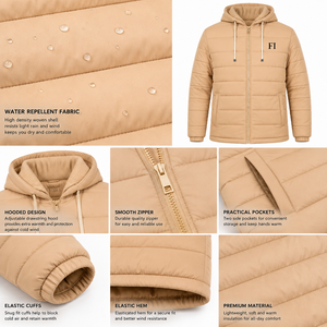 Chaqueta Acolchada con Capucha para Hombre, Color Beige, Cierre Frontal con Cremallera, Casual, Resistente al Viento, Cálida, Material Premium, Ropa de Invierno - Product Image 5