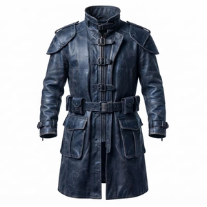 Manteau Trench Formel d'Automne pour Homme en Cuir de Mouton Véritable Bleu, Imperméable, Respirant et Écologique - Product Image 1