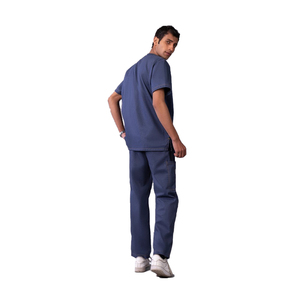 Men's Blue & Black Scrub Set Cotton Woven Hospital Uniform V-Neck <b>Top</b> With Pockets And Cargo Pants Needle Detection - Product Image 4