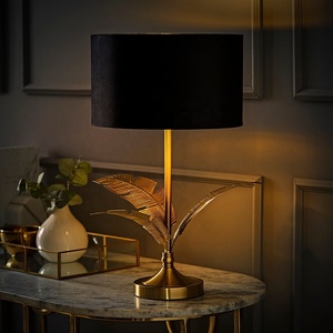 Palm Crest Metal Table Lamp with Decorative Leaf Base Black <b>Drum</b> <b>Shade</b> Brushed Gold Finish Warm Ambient <b>Lighting</b> - Product Image 4