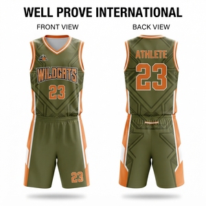 Maillot et short de basket-ball personnalisés, panneaux latéraux vert olive et beige, polyester 220 gsm, impression par sublimation. - Product Image 3