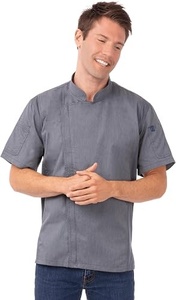 Camisa de Chef Gris de Manga Corta para Hombre, Cierre de Botones, Algodón Tejido, Uniforme para Restaurante o Bar - Product Image 3