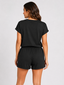 Silk <b>Road</b> Men's Cotton Short Set Solid Black Crew Neck Loose Fit Streetwear Summer Shorts Drawstring Breathable Quick Dry - Product Image 6
