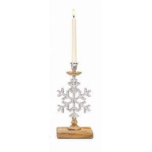 Support de bougie de Noël en bois avec base en métal argenté en forme de flocon de neige, pour centre de table, décoration d'hiver pour la maison - Product Image 1