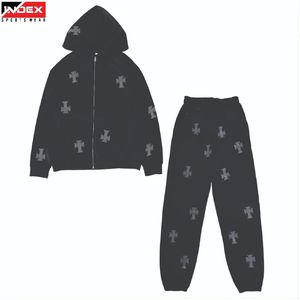 INDEX Unisex <b>Black</b> Tracksuit <b>Hoodie</b> Pants Set With Cross Print Streetwear Full Sleeve <b>Zipper</b> Fly Regular Fit Adults Autumn Wear - Product Image 1