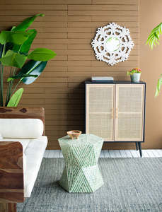 Mesa decorativa con acentos de concha de capiz a rayas verdes, taburete de mosaico de nácar con forma de reloj de arena, muebles decorativos de nácar para dormitorio y sala de estar - Product Image 5