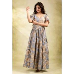 ชุดเดรสยาวพิมพ์ลายบล็อกผ้าฝ้ายสำหรับผู้หญิง ชุดเดรสยาวสไตล์โบโฮแบบอินเดียดั้งเดิม เหมาะสำหรับใส่ในวันหยุด - Product Image 3