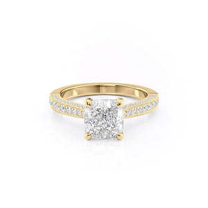 Anillo de compromiso de moissanita con corte cojín, banda de oro rosa de doble fila con pavé, anillo nupcial vintage con milgrain - Product Image 1