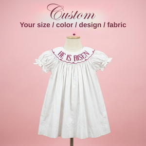 Ropa infantil personalizada con bordado a mano para niñas, vestido casual blanco de manga corta con lazo, cuello Peter Pan, estilo línea A, atuendo de Pascua. - Product Image 5