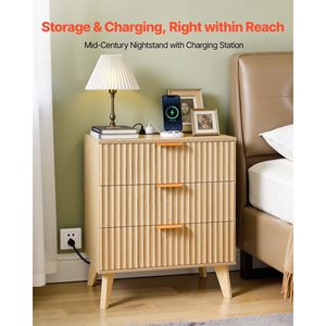Table de chevet cannelée de style Mid-Century Modern avec 3 tiroirs et station de charge, commode de chambre, table d'appoint, meuble de rangement de chevet - Product Image 2