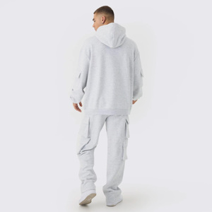 Conjunto de Sudadera con Capucha Gris para Hombre, Estilo Casual, Oversize, Pantalones Cargo de Felpa, Estilo Otoñal, Color Sólido, Prenda Exterior de Algodón Tejido - Product Image 2