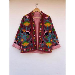 Indian Velvet Suzani Embroidery Cotton Knitted Button Reversible Winter <b>Women's</b> Boho Kimono Coat Gift Her - Product Image 1