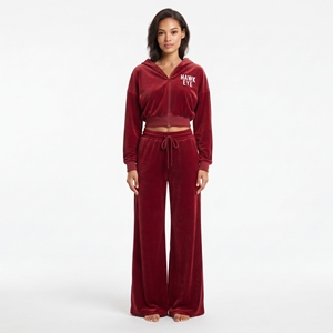 Top Quality Women's <b>Velvet</b> <b>Tracksuit</b> Crop Gull zip Long Sleeve Drop Shoulder Hoodie And Wide Leg Jogger Set - Product Image 3