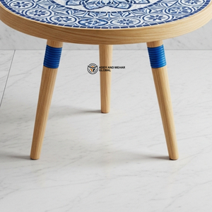 Handcrafted Round Decorative Accent <b>Stool</b> <b>with</b> Natural Wood Legs Blue Geometric Pattern Wooden <b>Stool</b> - Product Image 2