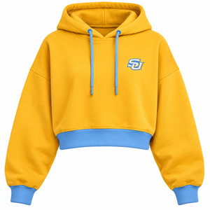 Southern University SU Gold Cropped <b>Hoodie</b> Custom HBCU <b>Blue</b> Trim Embroidered <b>Womens</b> Varsity Fleece Pullover Wholesale - Product Image 1