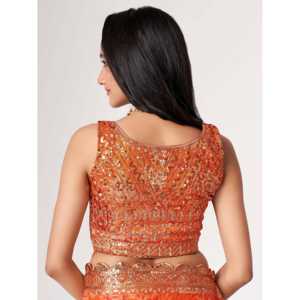 Magnifique Saree de mariage en organza à imprimé floral orange avec chemisier - Product Image 1