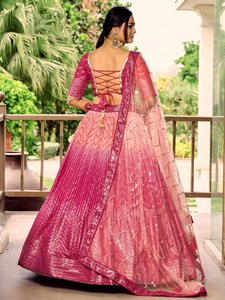Pink Sequin Woven One <b>Set</b> Short Floral <b>Blazer</b> with Dupatta Pleated Lehenga Wedding Party Outfit - Product Image 3