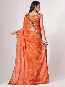 Rivaayat House <b>Orange</b> Floral Print Organza Floor-Length Traditional <b>Saree</b> with Blouse Padded Wedding Festival Wear for Women - Product Image 2
