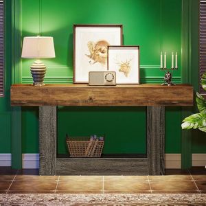 Consolle vintage in legno da 63 pollici con 2 ripiani e base a U - Product Image 1