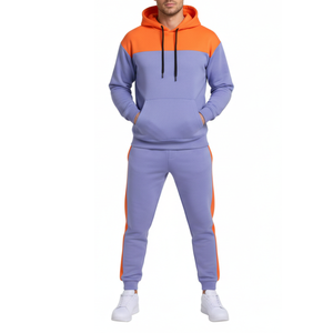 Conjunto Deportivo Personalizado para Hombre en Bloques de Color Vibrante Naranja y Azul Lavanda, Sudadera con Capucha y Pantalones, Traje de Entrenamiento de Dos Piezas - Product Image 1