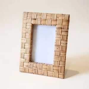 Boho Handwoven Cane Rattan Wooden Photo <b>Frame</b> Natural Fiber Woven Grid Tabletop <b>Picture</b> <b>Frame</b> Photo Holder Wholesale - Product Image 1
