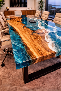 Ocean Epoxy Resin Conference Table Blue Wave River Live Edge Wood Desk Handmade Resin Coastal Style Dining Table - Product Image 5