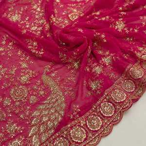 Premium <b>Red</b> Viscose Georgette Embroidered Traditional <b>Saree</b> Peacock Motif Luxury Designer Wrinkle Free Wedding Party Wear - Product Image 2