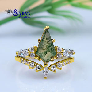 Ensemble de bagues en agate mousse naturelle en forme de cerf-volant avec accents en zircon cubique, argent sterling 925, ensemble de bagues de fiançailles et de mariage pour femmes - Product Image 1