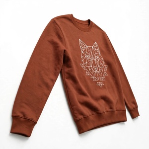 Felpa girocollo in cotone pesante <span class=keywords><strong>con</strong></span> stampa grafica geometrica di lupo, abbigliamento streetwear personalizzato da uomo, pullover oversize marrone. - Product Image 4