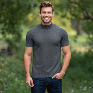 Men’s Knitted Mock Neck T-Shirt Short Sleeve Soft Cotton Blend Fashion Tee with OEM ODM Customization - Product Image 6