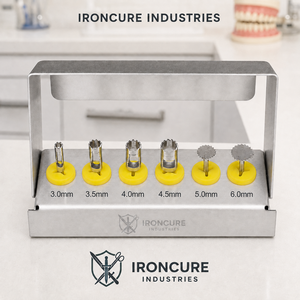 IRONCURE INDUSTRIES Kit de 6 instruments de coupe osseuse pour implants dentaires (treflons et disques de scie) 3-6mm avec étui métallique et manuel - Product Image 5