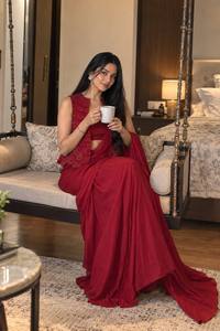 <b>Red</b> Silk <b>Saree</b> Set Embroidered Jacket Floor-Length Traditional Wedding Wear for Women India Pakistan Style All Seasons In-Stock - Product Image 1
