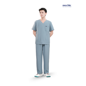 Mechic Men's Light <b>Blue</b> V-Neck <b>Scrub</b> Set Short Sleeve Hospital Uniform Woven Cotton Polyester Pants Included - Product Image 1