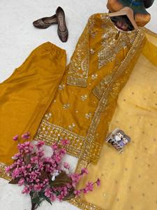<b>Women's</b> Mustard Embroidered <b>Kurta</b> Set With Gold Thread Work Floor-Length Traditional Indian Pakistani Wear All Seasons - Product Image 2